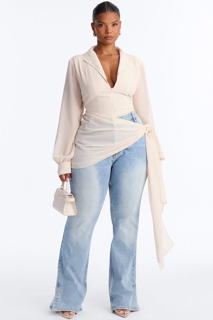 She Defines Chic Lace Up Chiffon Bodysuit - Cream