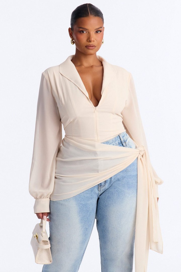 She Defines Chic Lace Up Chiffon Bodysuit - Cream