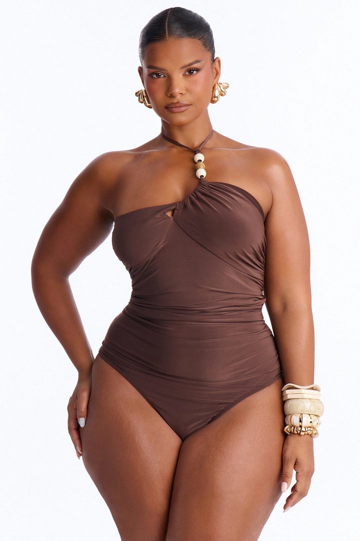 Island Tours Beaded Asymmetrical Halter Bodysuit - Chocolate