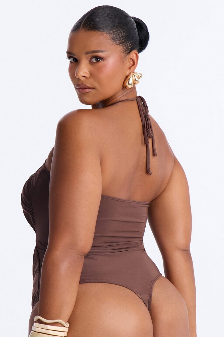 Island Tours Beaded Asymmetrical Halter Bodysuit - Chocolate