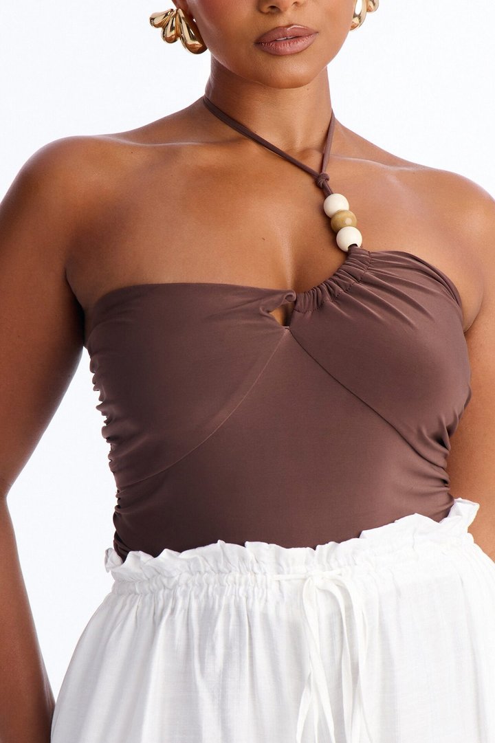 Island Tours Beaded Asymmetrical Halter Bodysuit - Chocolate