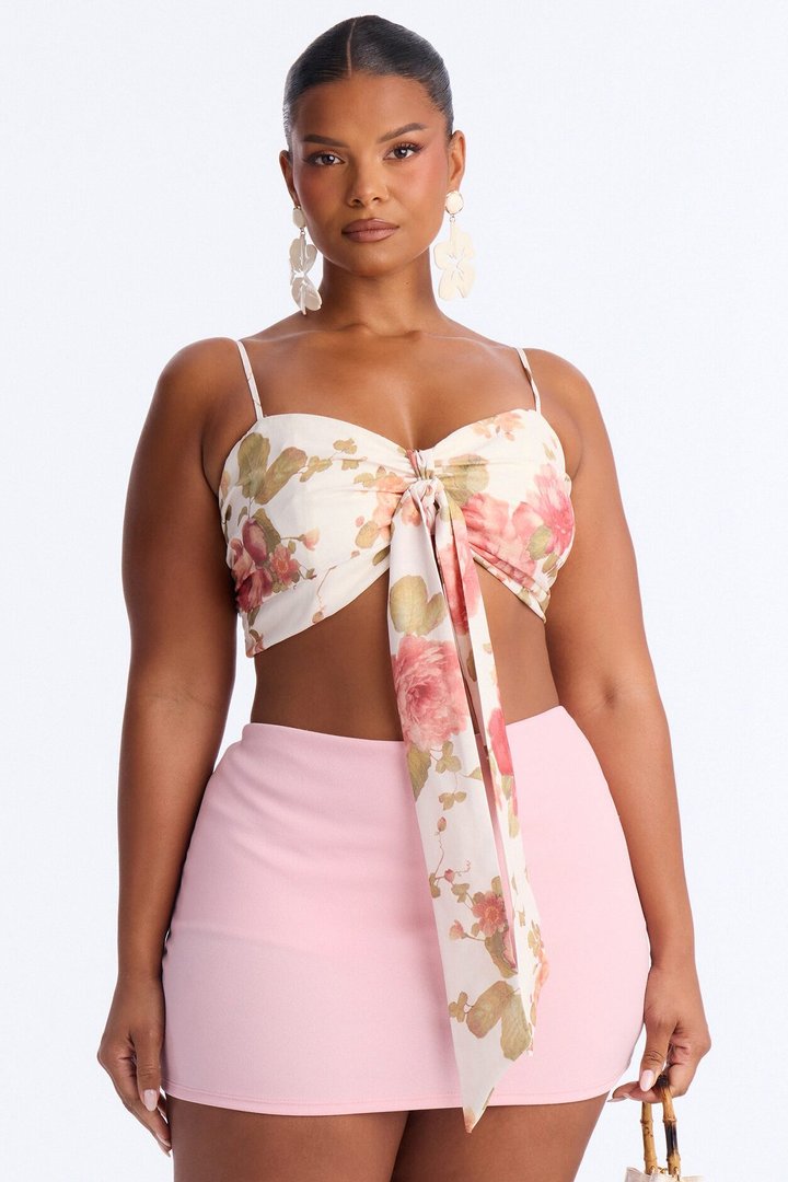 Spring Chic Tie Front Floral Bralette Top - Cream/combo
