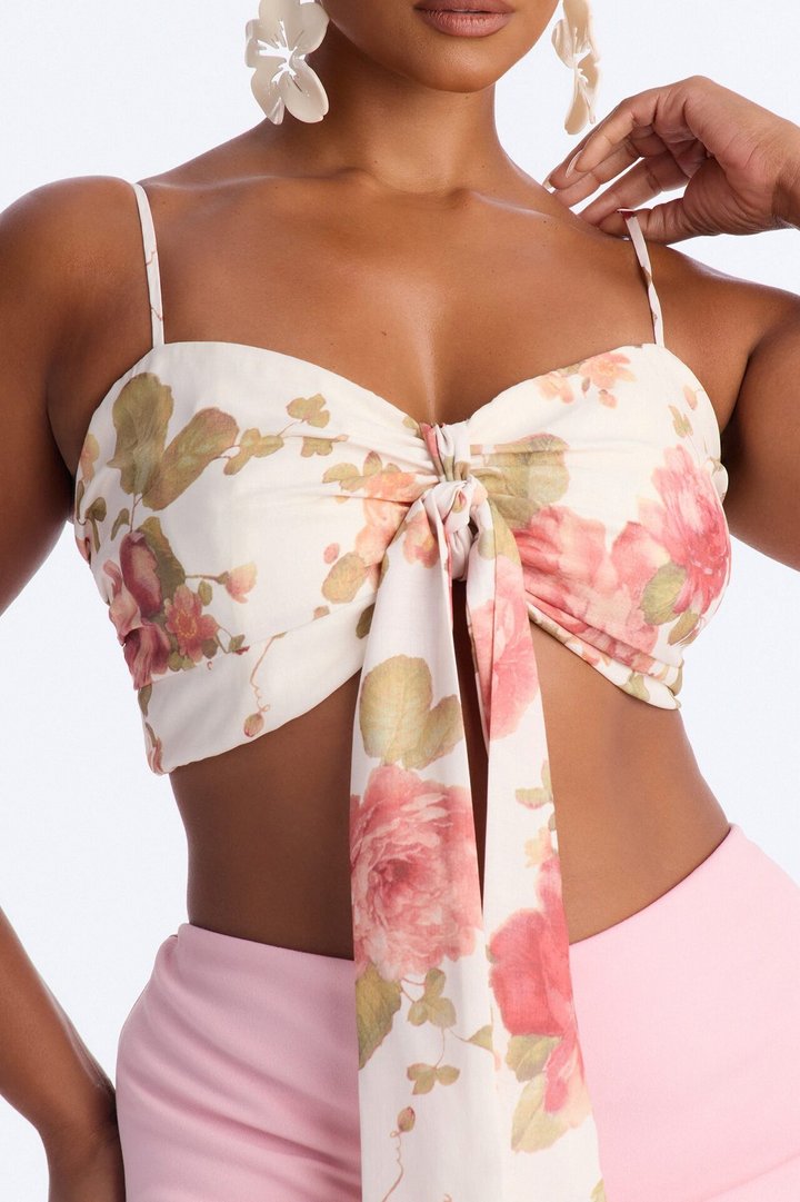 Spring Chic Tie Front Floral Bralette Top - Cream/combo