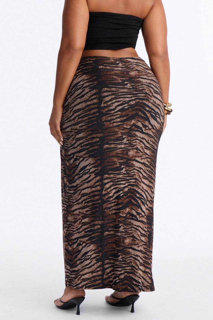 Natural Instincts Tiger Belted Slit Mesh Maxi Skirt - Brown/combo