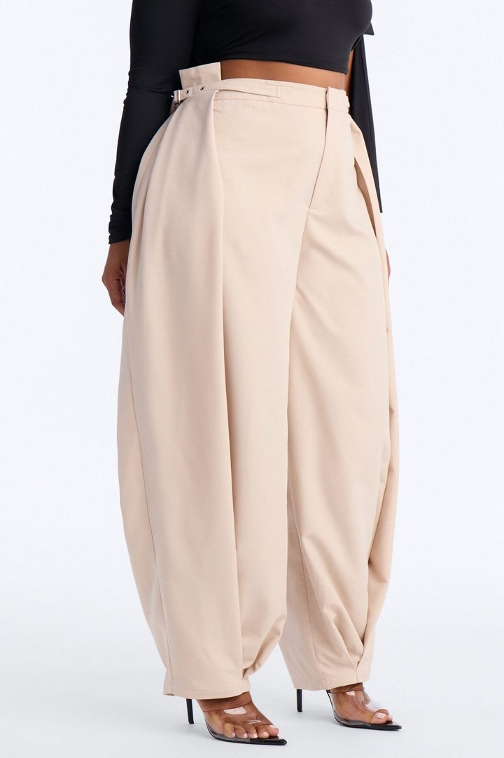 Bethany Side Buckled Large Pleated Barrel Leg Trouser - Beige