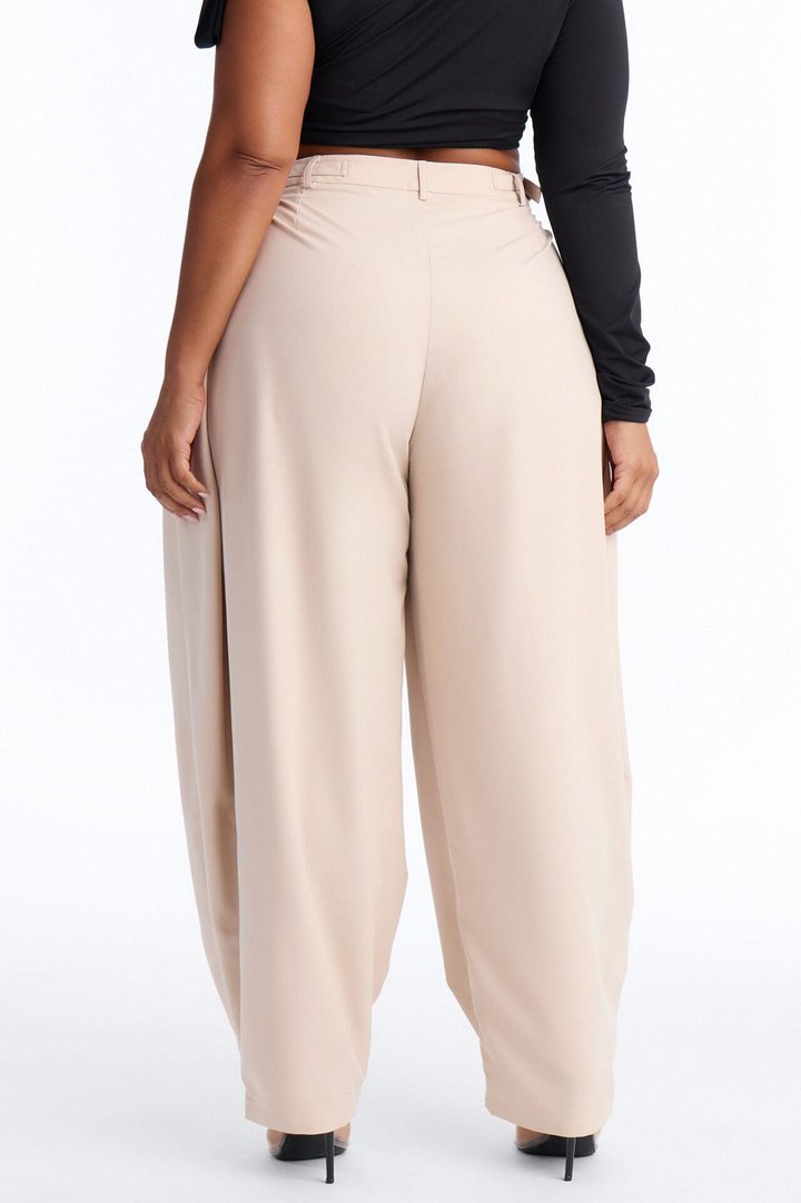 Bethany Side Buckled Large Pleated Barrel Leg Trouser - Beige