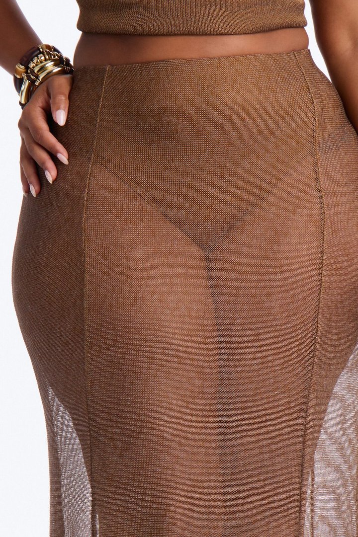 Vacation Goddess Metallic Knit Maxi Skirt - Bronze