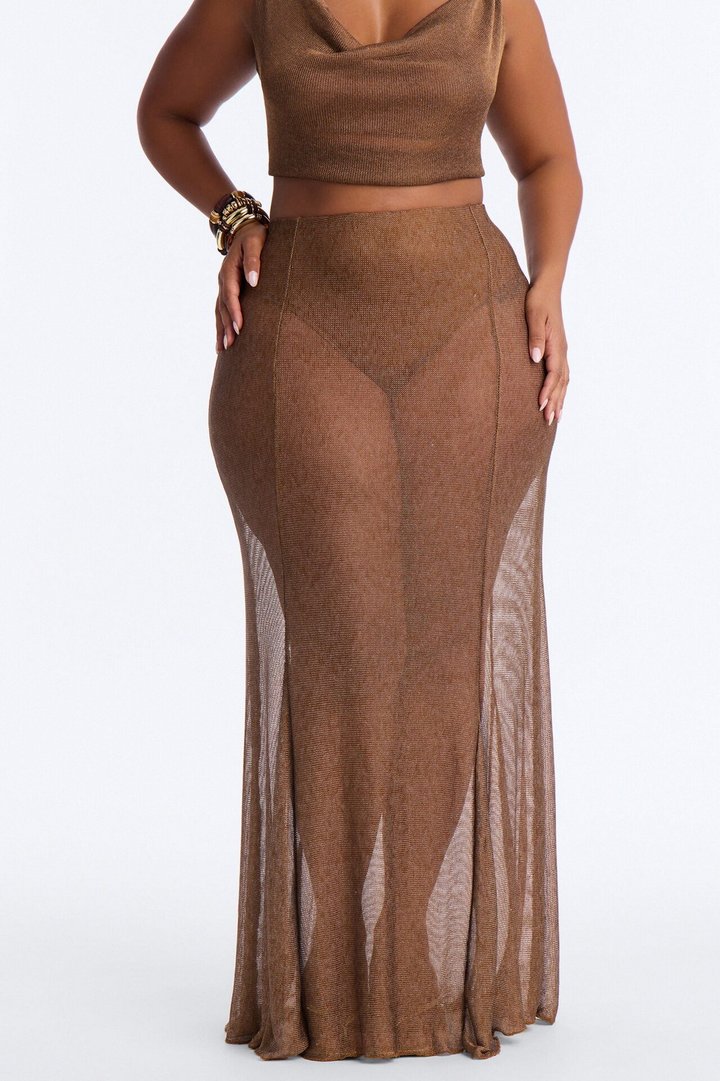 Vacation Goddess Metallic Knit Maxi Skirt - Bronze