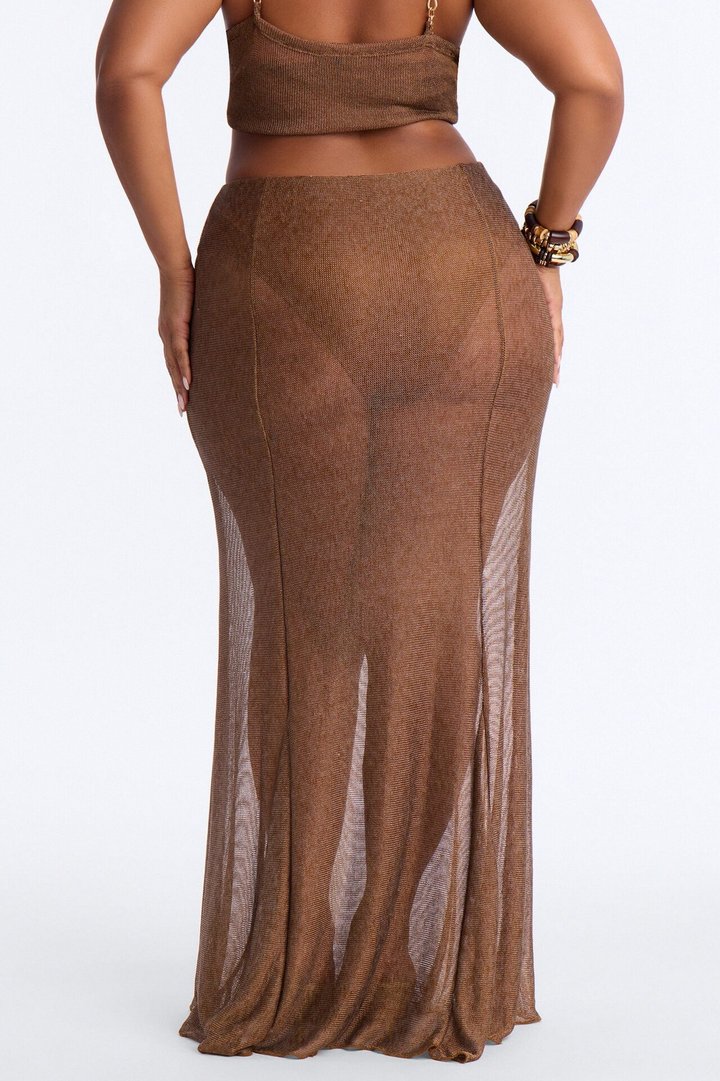 Vacation Goddess Metallic Knit Maxi Skirt - Bronze