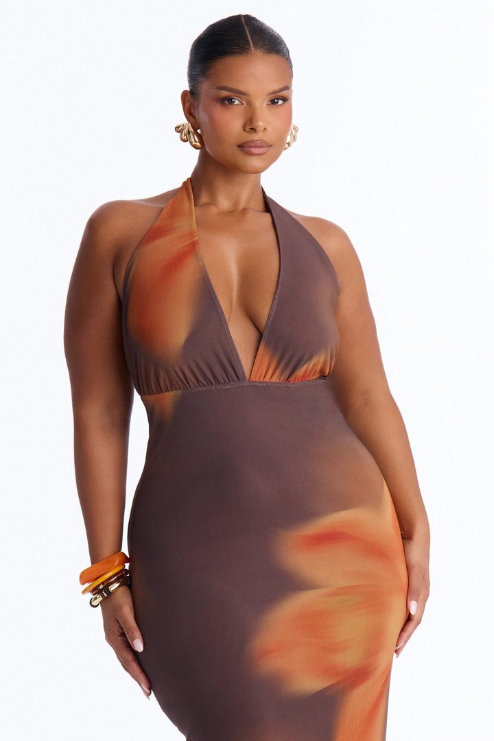 Antonia Floral Mesh Midi Dress - Brown/combo