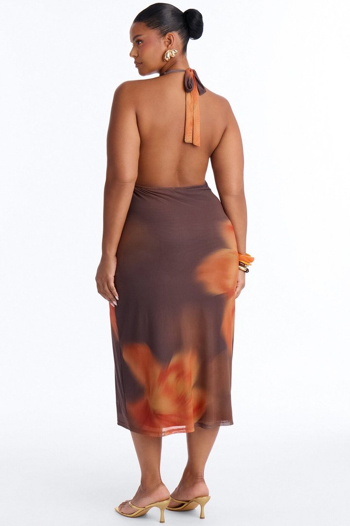 Antonia Floral Mesh Midi Dress - Brown/combo