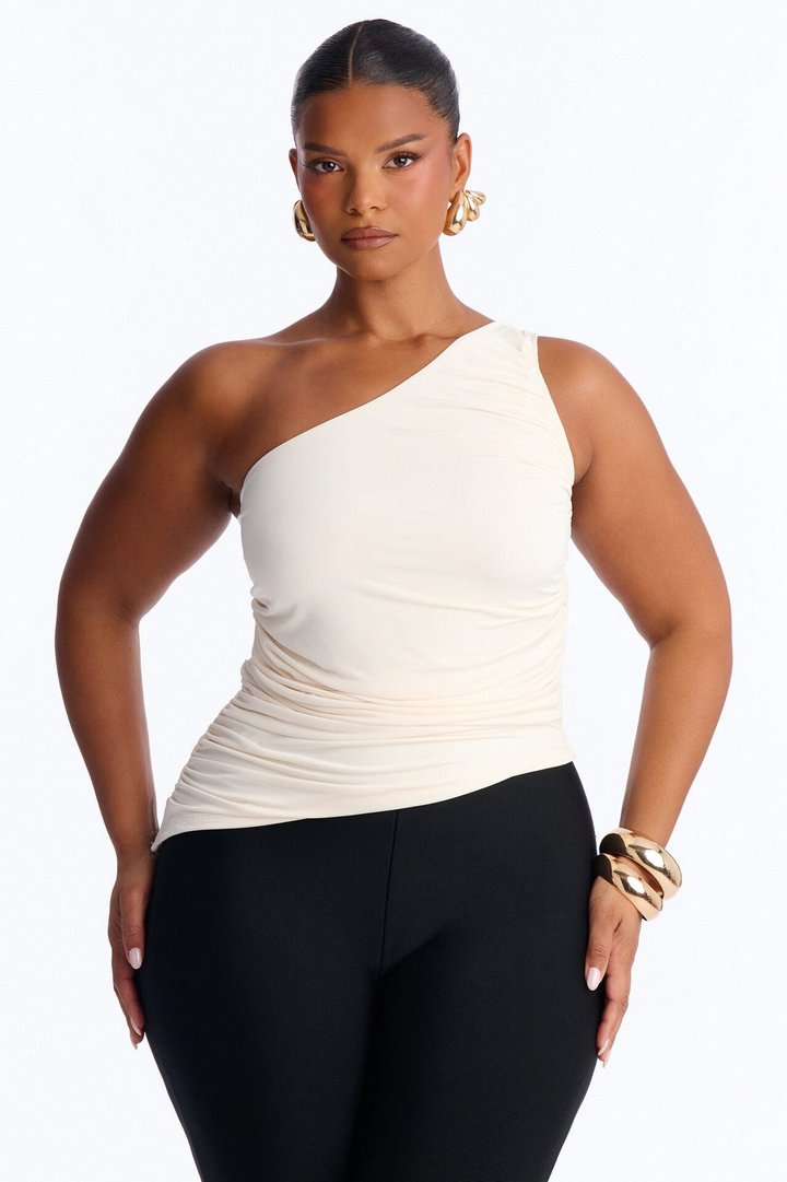 Khelani Asymmetrical Ruched One Shoulder Top - Bone