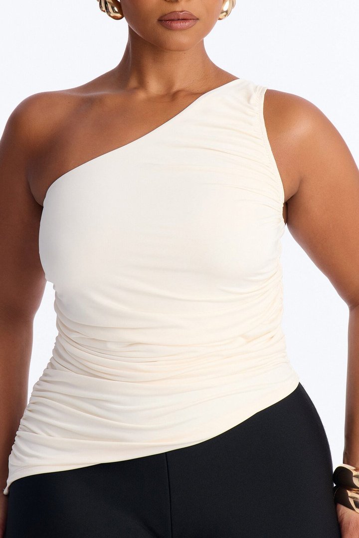 Khelani Asymmetrical Ruched One Shoulder Top - Bone