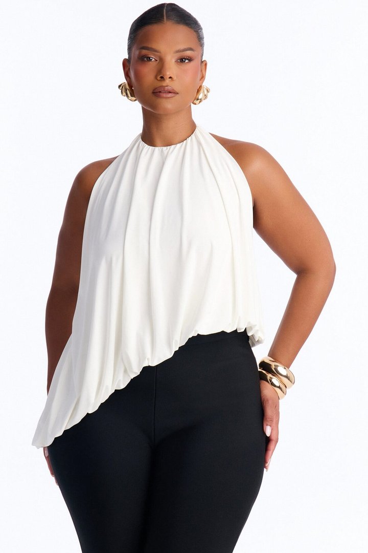 Selena Ruched Asymmetrical Halter Top - White