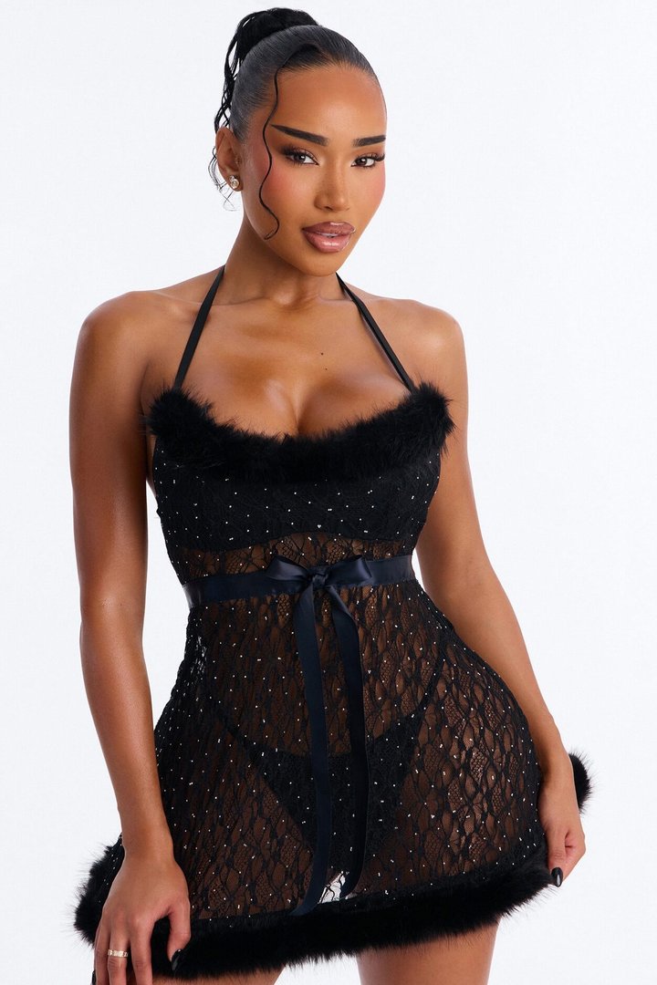 Luna Rhinestone Stretch Lace Marabou Babydoll - Black
