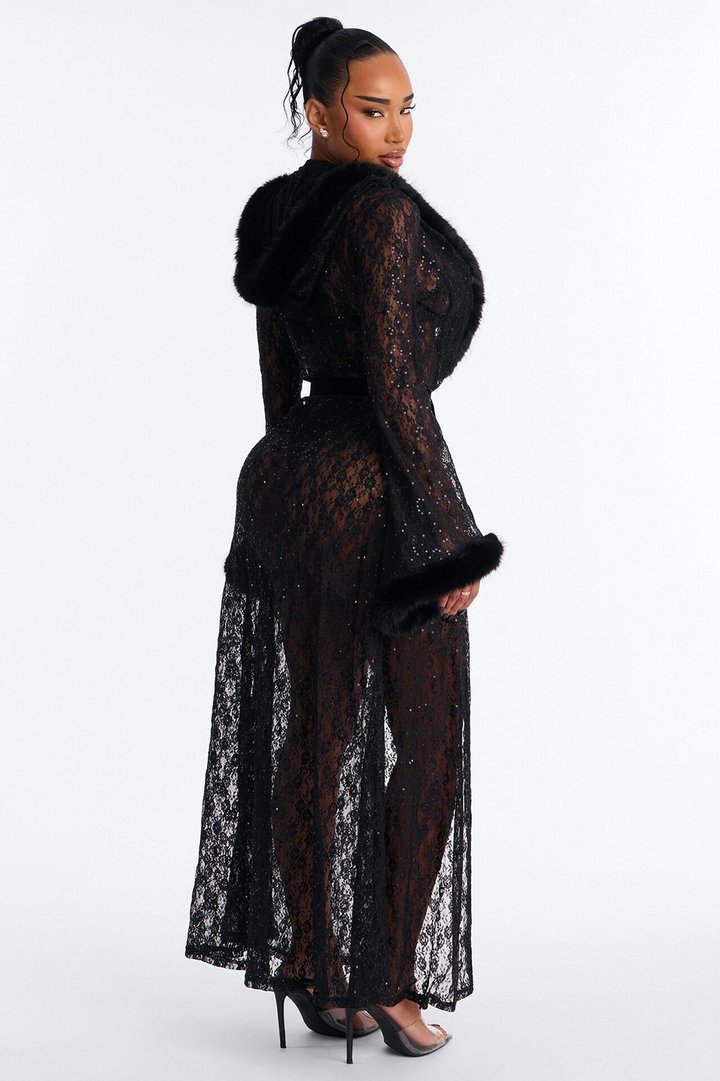 Ivy Hooded Embellished Stretch Lace Robe - Black