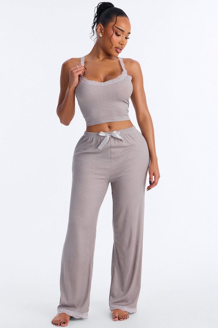 Sleep Late Ribbed PJ Pant Set - Heather Grey
