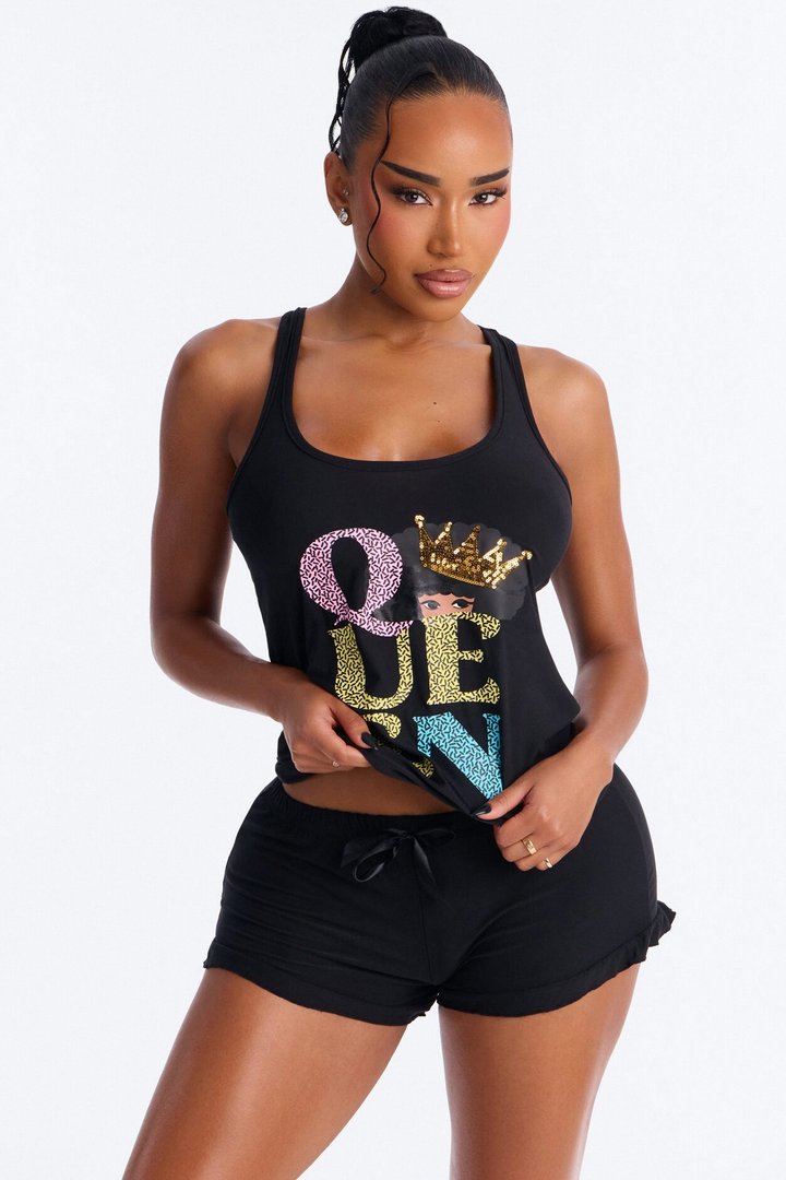 She's A Queen PJ Racerback Short Set - Black/combo