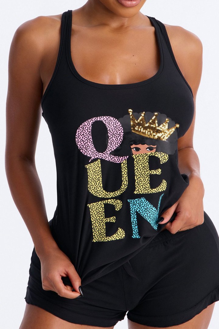 She's A Queen PJ Racerback Short Set - Black/combo