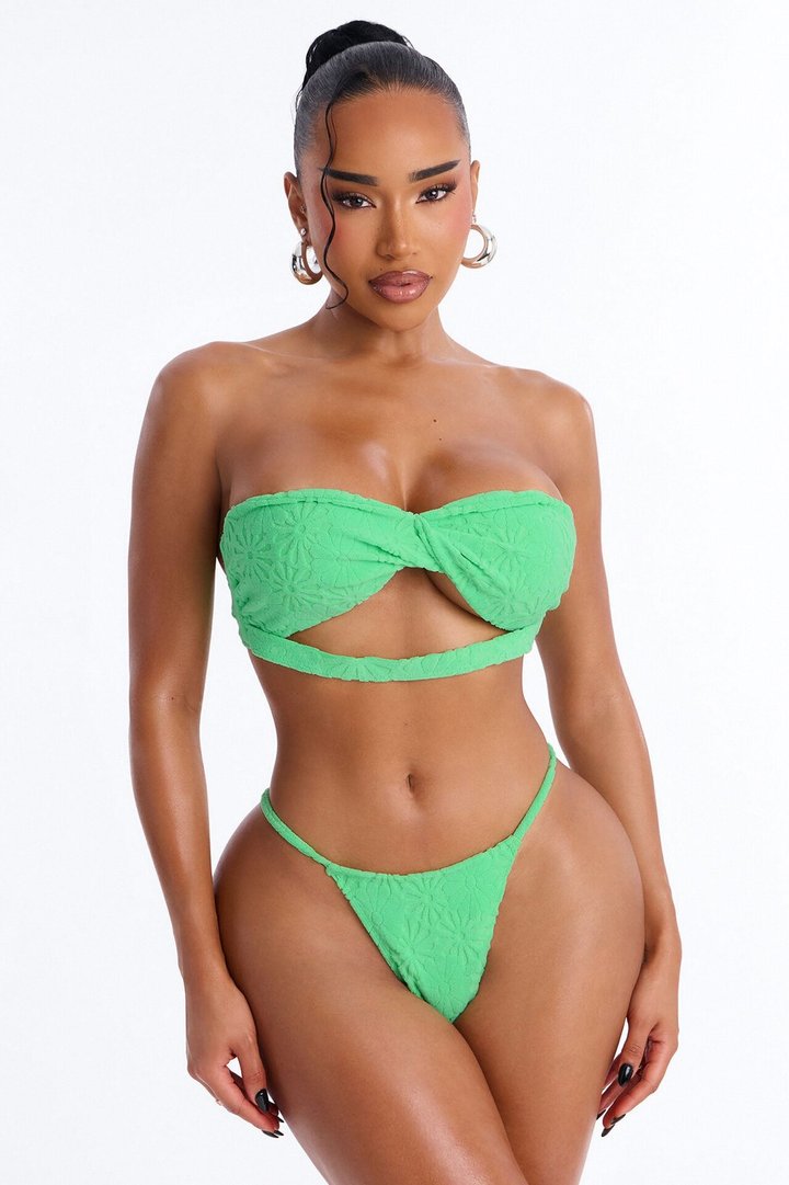 Rozy 3 Piece Textured Floral Strapless Bikini & Cover Up Booty Short Sunsuit - Lime