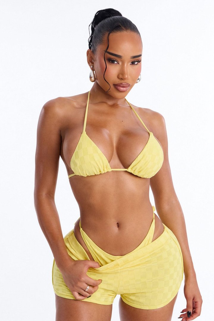 Let's Go To The Beach Charm 3 Piece Bikini Short Set - Yellow