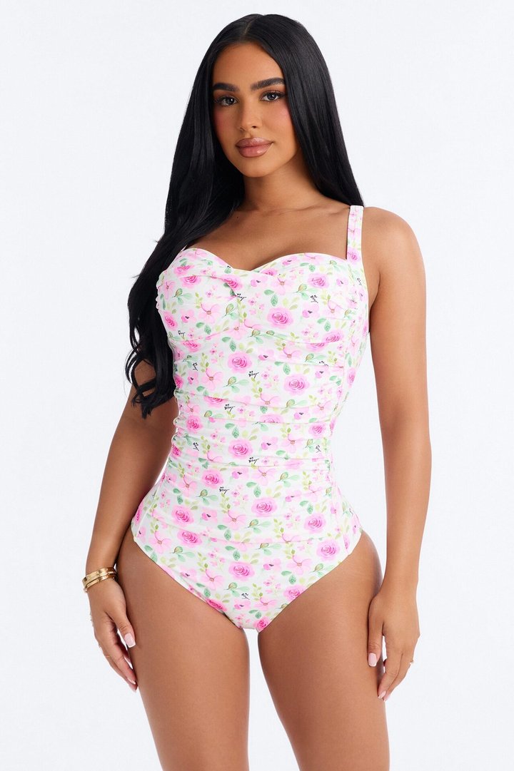 Blooming Floral 1 Piece Bandeau Swimsuit - Pink/combo