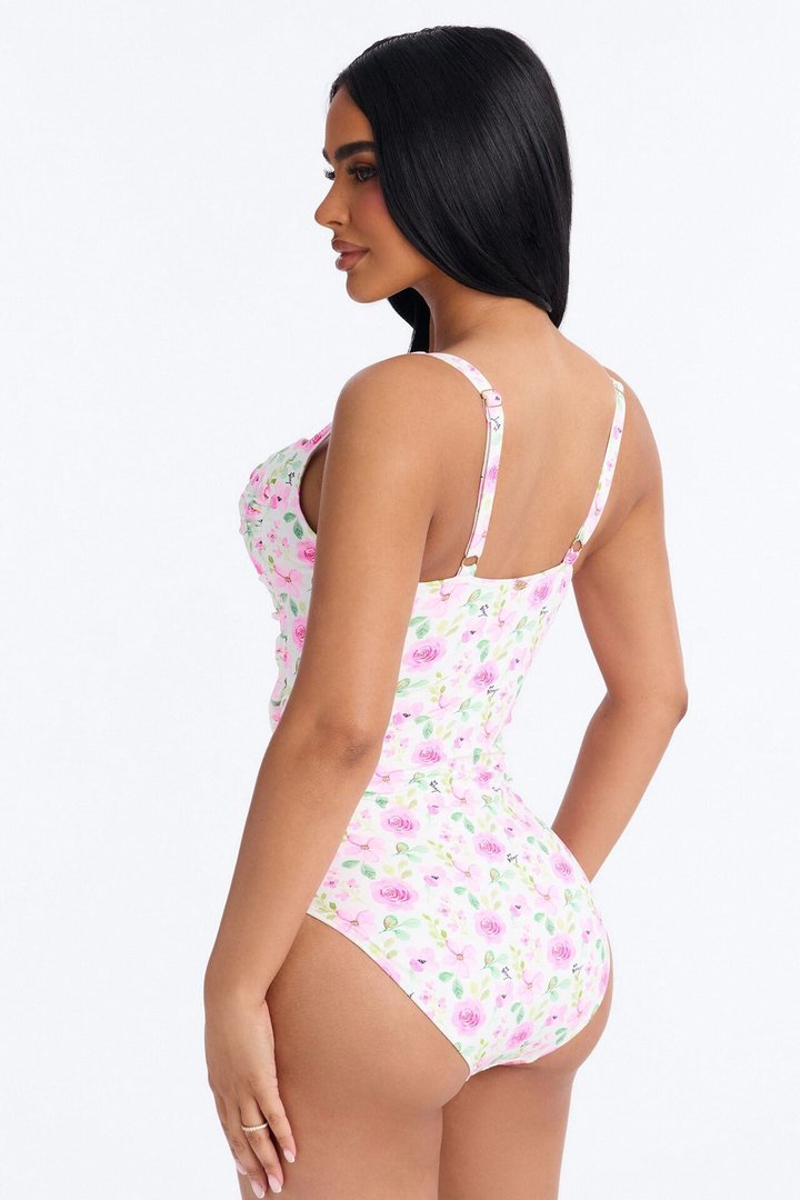 Blooming Floral 1 Piece Bandeau Swimsuit - Pink/combo