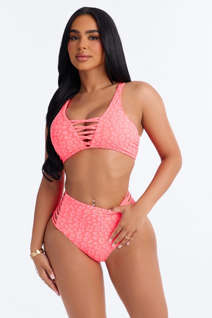 Make A Splash Leopard 2 Piece Lace Up Bralette Bikini & High Waisted Bottom Set - Coral/combo