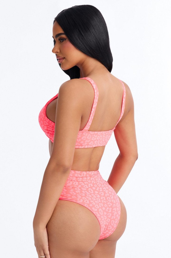 Make A Splash Leopard 2 Piece Lace Up Bralette Bikini & High Waisted Bottom Set - Coral/combo