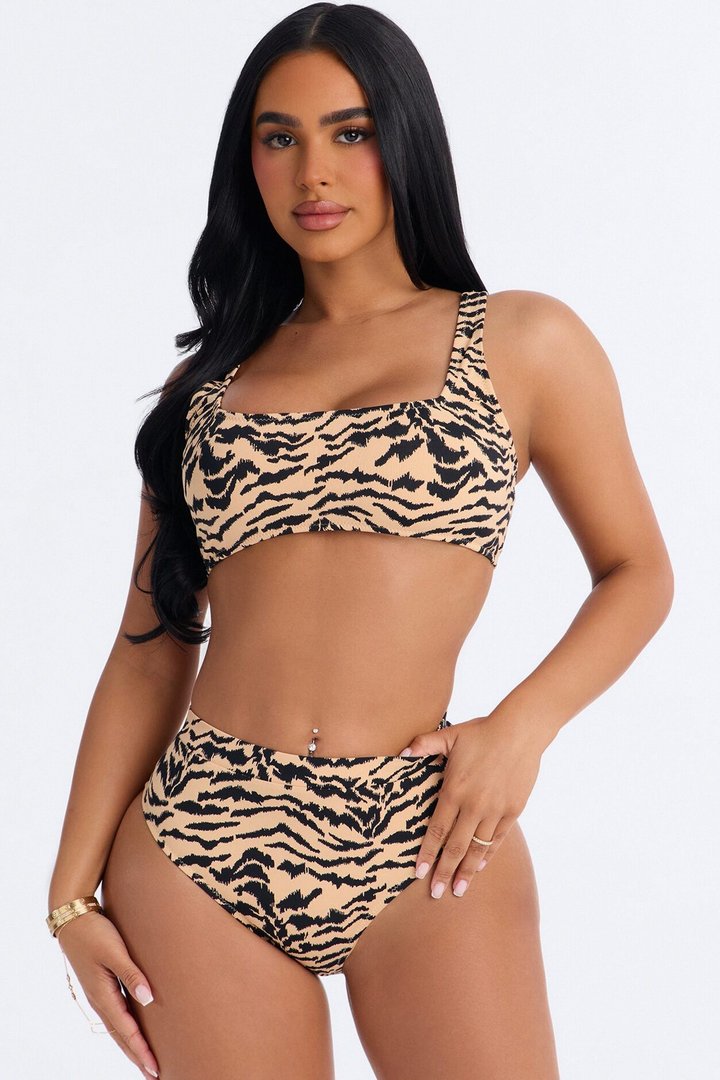 Life Is Great 2 Piece Tiger Print Bralette Bikini Set - Nude/combo