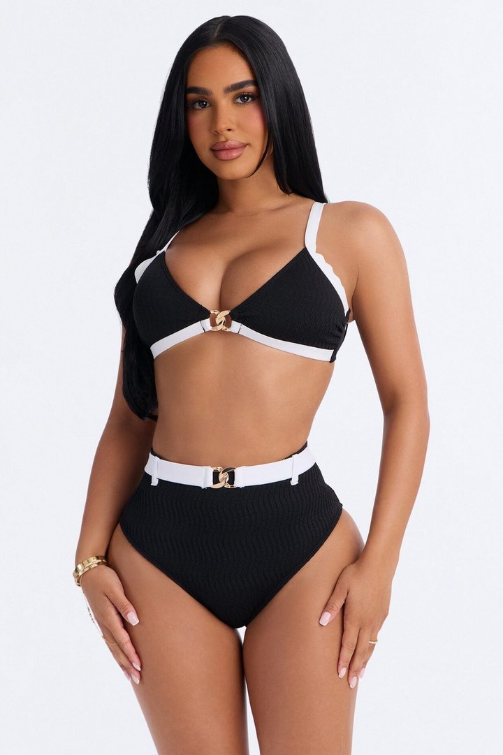 Poolside Princess 2 Piece Ribbed Triangle Belted Bikini Set - Black/White