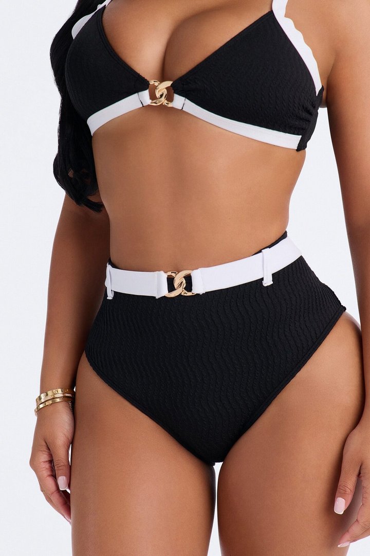 Poolside Princess 2 Piece Ribbed Triangle Belted Bikini Set - Black/White