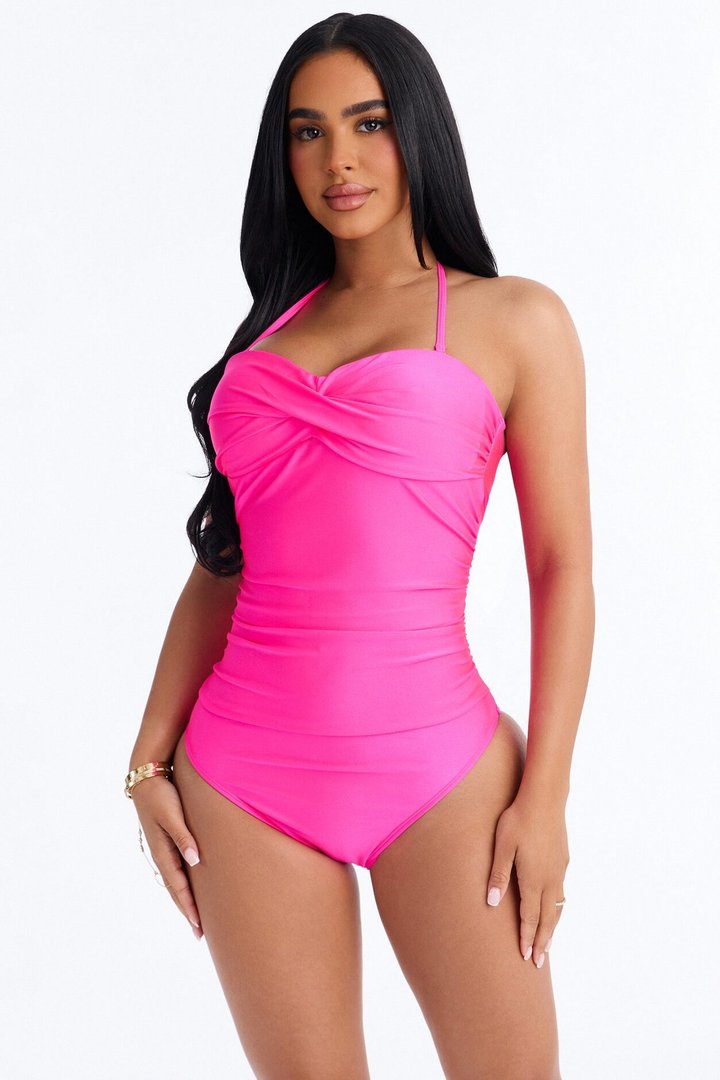Island Bloom 1 Piece Halter Bandeau Swimsuit - Pink