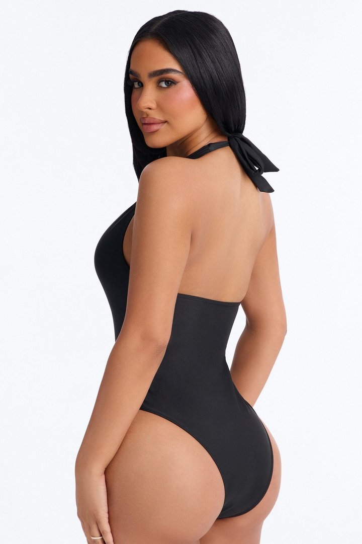 Claudia 1 Piece Plunge Halter Swimsuit - Black