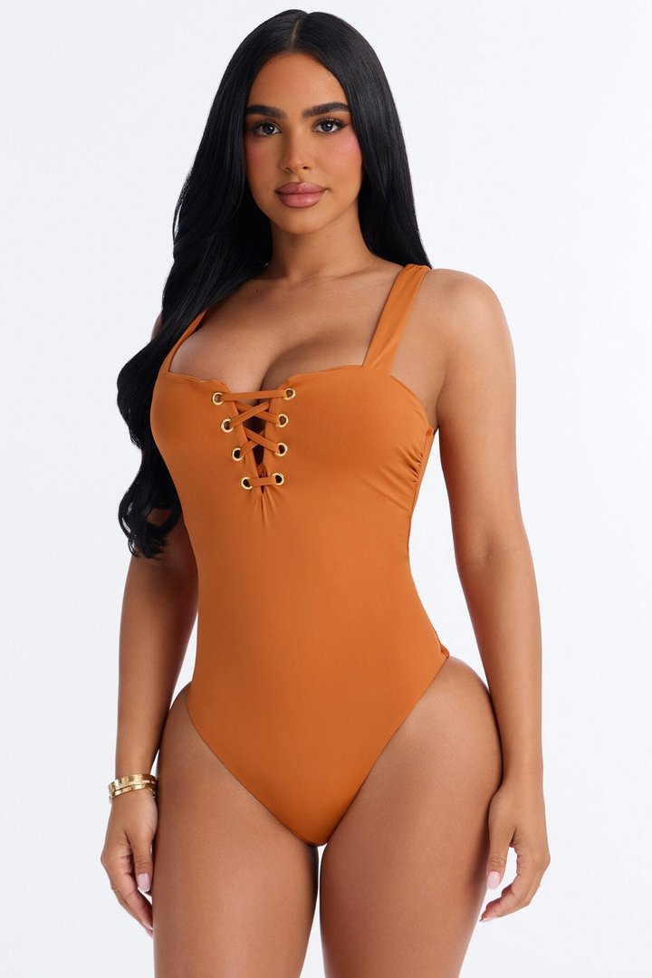Sandy Toes Lace Up High Leg 1 Piece Swimsuit - Rust