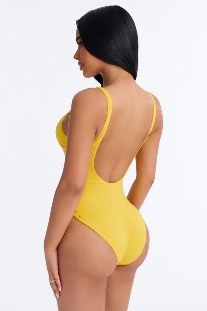 Always Tanning Ribbed 1 Piece Lace Up Swimsuit - Yellow