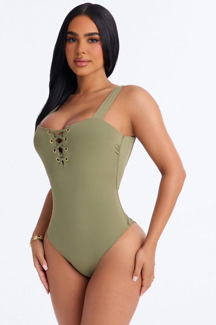 Sandy Toes Lace Up High Leg 1 Piece Swimsuit - Olive