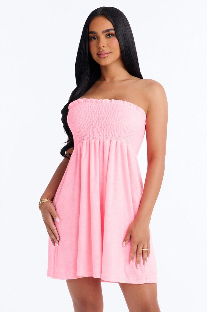 Coast To Coast Terry Cloth Smocked Tube Cover Up Dress - Pink