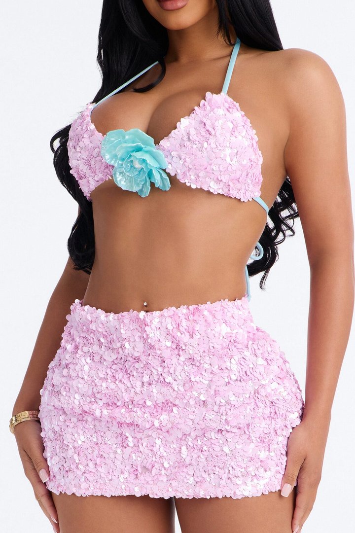 Sunset Siesta Sequin 3 Piece Triangle Bikini Skirt Set - Pink/combo