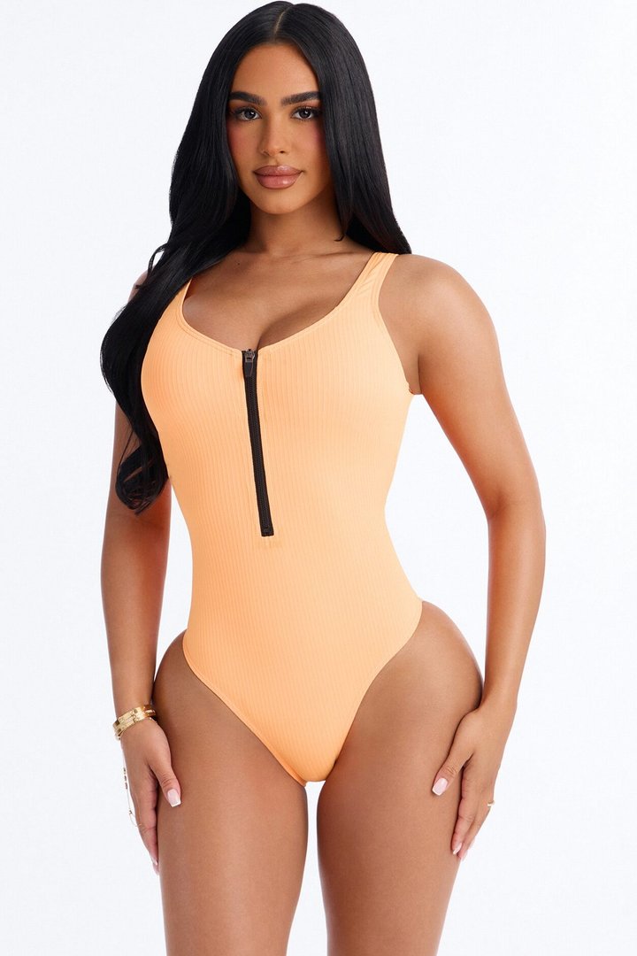 Sea Ya Ribbed 1 Piece Zip Up Swimsuit - Orange