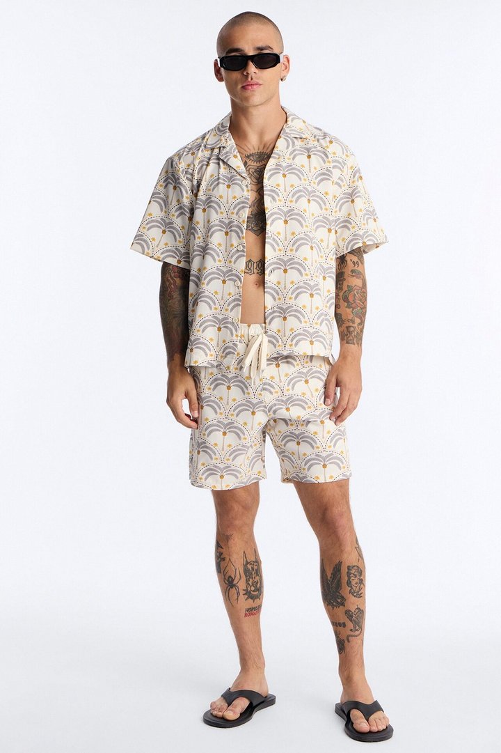 Relaxed Palm Mandala Cuban Collar Button Up Shirt - Cream/combo