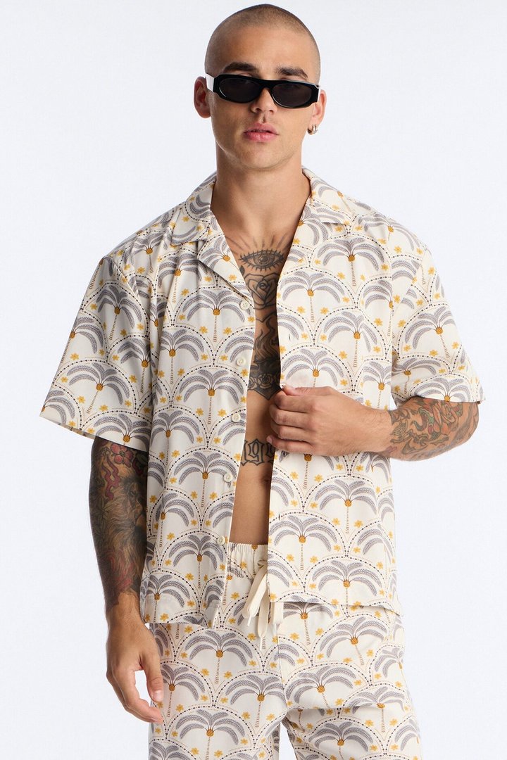 Relaxed Palm Mandala Cuban Collar Button Up Shirt - Cream/combo