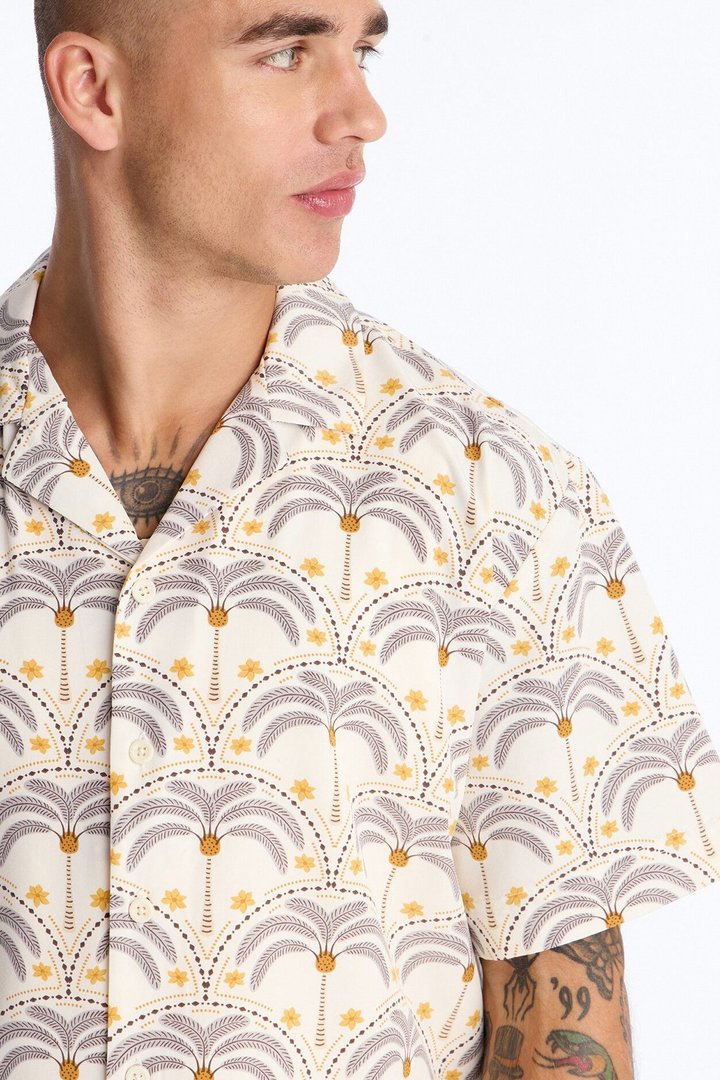 Relaxed Palm Mandala Cuban Collar Button Up Shirt - Cream/combo