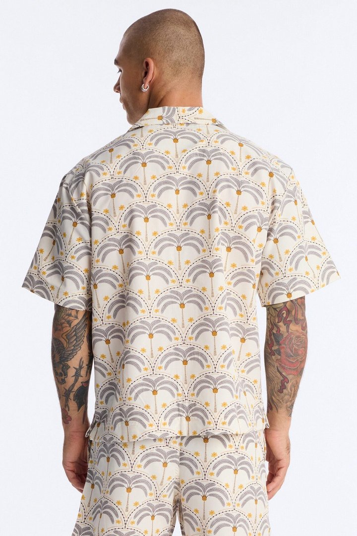 Relaxed Palm Mandala Cuban Collar Button Up Shirt - Cream/combo