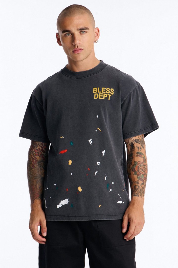 Bless Dept Paint Splatter Oversized Heavy Weight Vintage Short Sleeve Tee - Black Wash