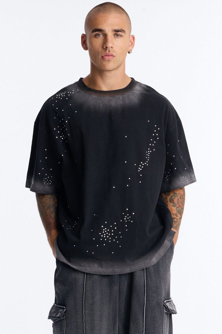 Stardust Dissolved Wash Rhinestone Tee - Black Wash
