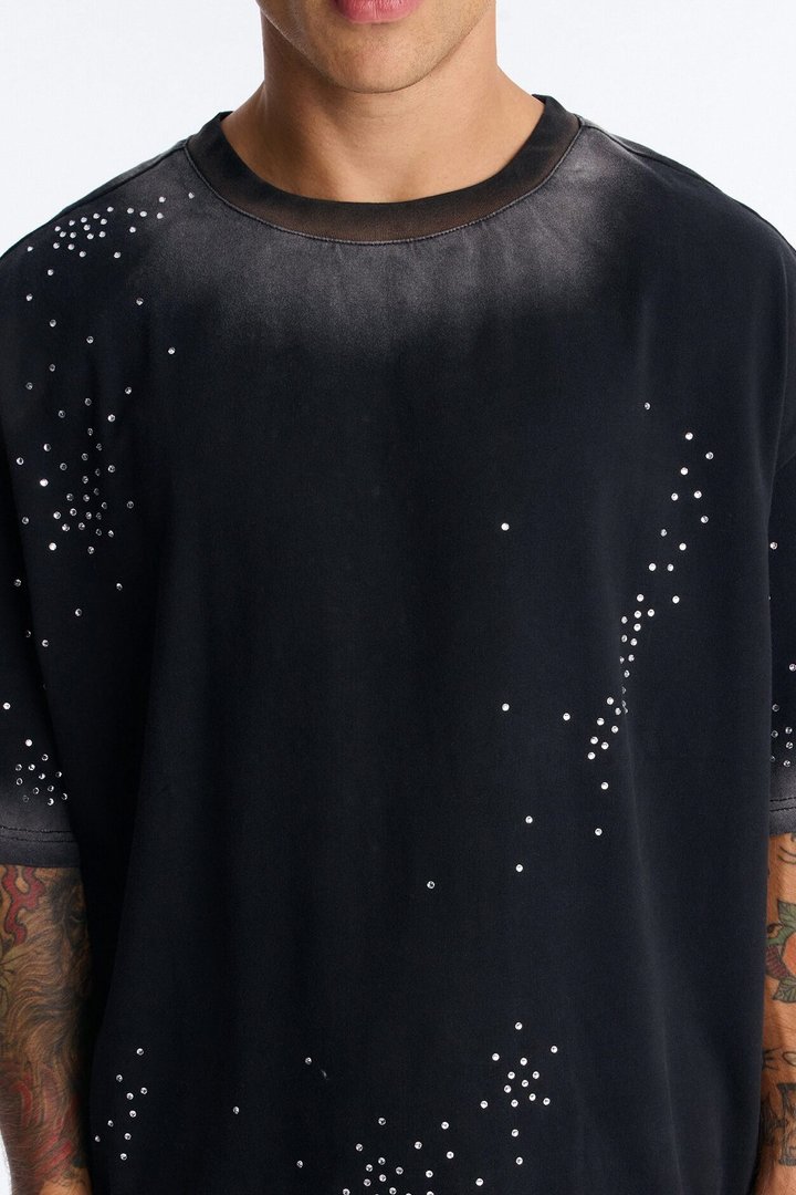 Stardust Dissolved Wash Rhinestone Tee - Black Wash