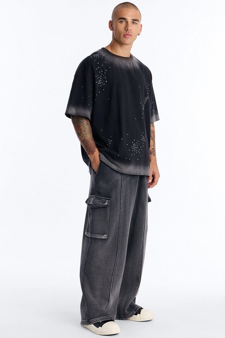 Stardust Dissolved Wash Rhinestone Tee - Black Wash
