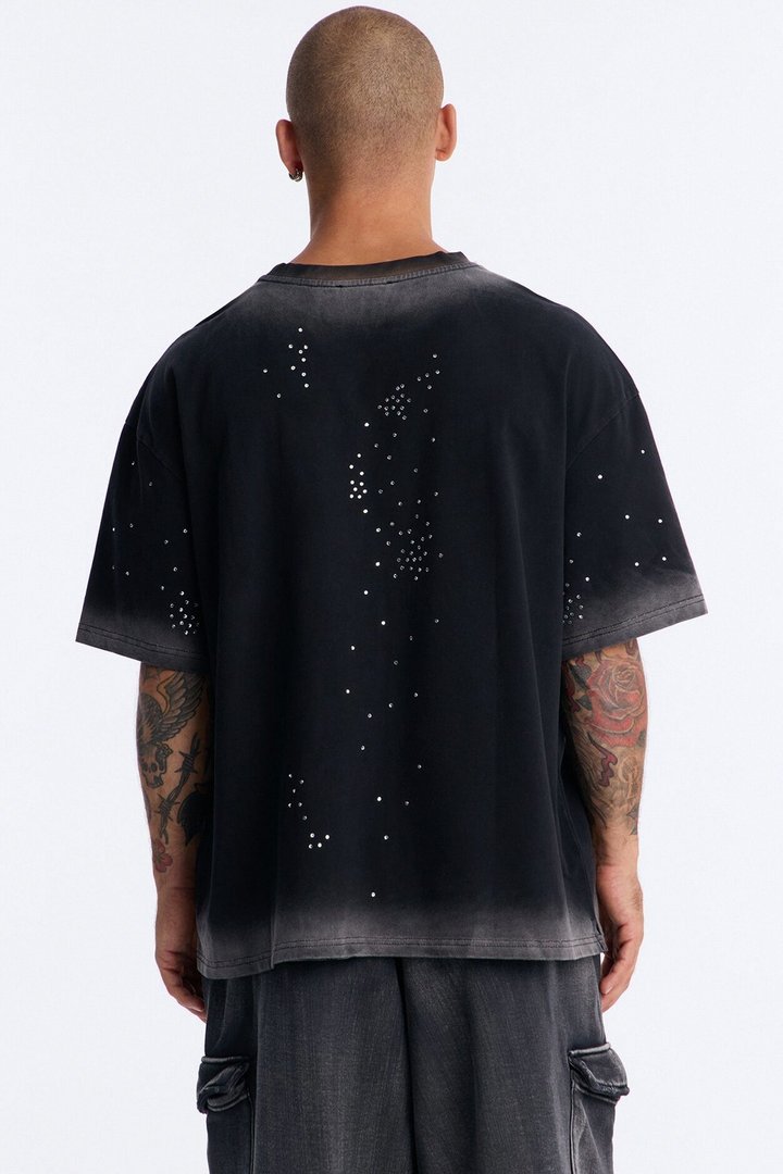 Stardust Dissolved Wash Rhinestone Tee - Black Wash