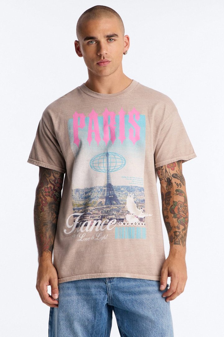 Doves In Paris Vintage Short Sleeve Tee - Sand